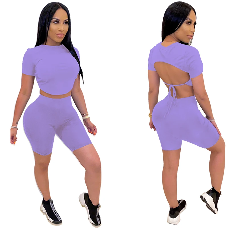 Adogirl Backless Lace Up Solid Two Piece Set 2020 Summer Trendy Short Sleeve T Shirt Crop Top Shorts Women Tracksuit Home Suits