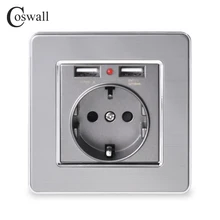 Coswall, двойной usb порт для зарядки, 5 В, 2,1 А, светодиодный индикатор, 16А, настенная розетка европейского стандарта, панель из нержавеющей стали, серый, черный, белый, золотой