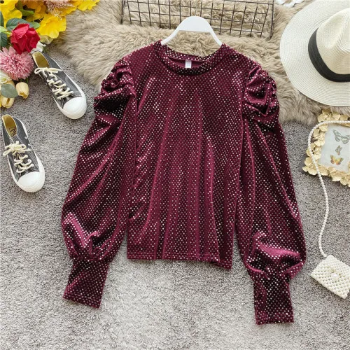 wine red blouse Woherb/женская блуза с круглым вырезом и длинными рукавами-фонариками, с блестками, в яркий горошек, винтажные Рубашки, Топы, корейская мода, новинка, Blusas Mujer 91515 - Цвет: wine red blouse