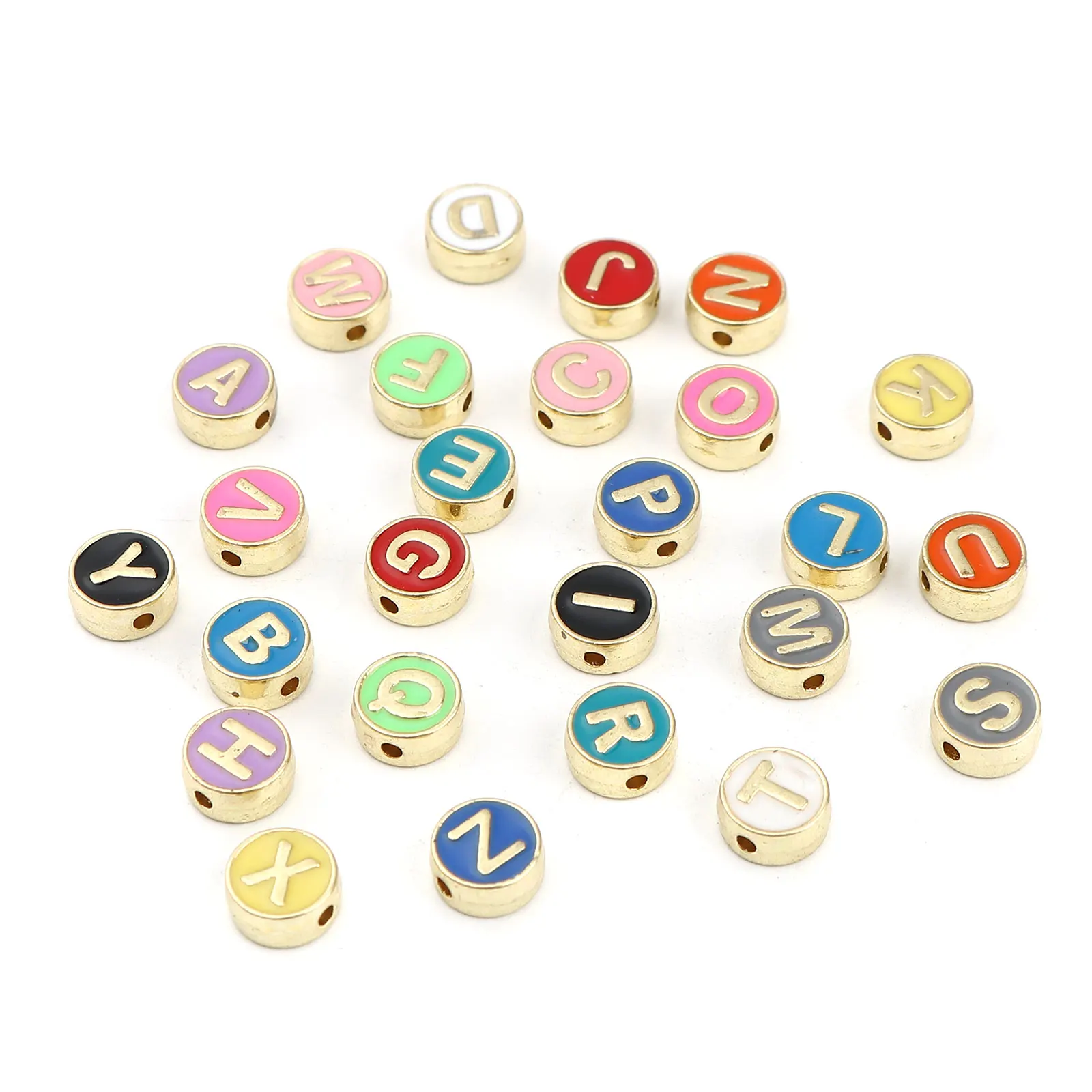 10 PCs Zink Legierung Auf Spacer Flache Runde Alphabet Emaille Perlen Gold Farbe Hauptstadt Brief Emailliert Metall Korn Über 8mm Dia.