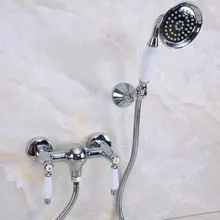 

Polished Chrome Brass Bathroom Hand Held Shower Head Faucet Set Mixer Tap Dual Ceramic Handles mna281