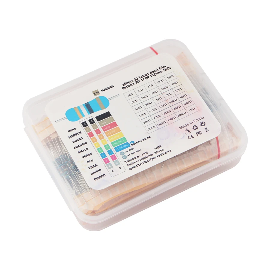 

600Pcs/Lot 30Values* 20pcs 1% 1/4 W Film Resistor Pack Set Diy Metal Resistor kit USE Colored Ring Resistance (10 Ohms~1 M Ohm)
