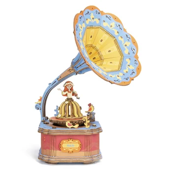 

ROBOTIME Diy Assembly Toys Models Movable Retro Gramophone Model 3D Assembly Puzzle Wooden Music Box Craft Kit