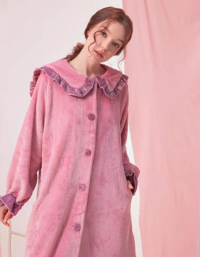 New Arrival Plus Big Size M L XL XXL Winter Coral Fleece Flannel Big Collar Lady Robes Nightgown Sleepwear Bath Night Dress