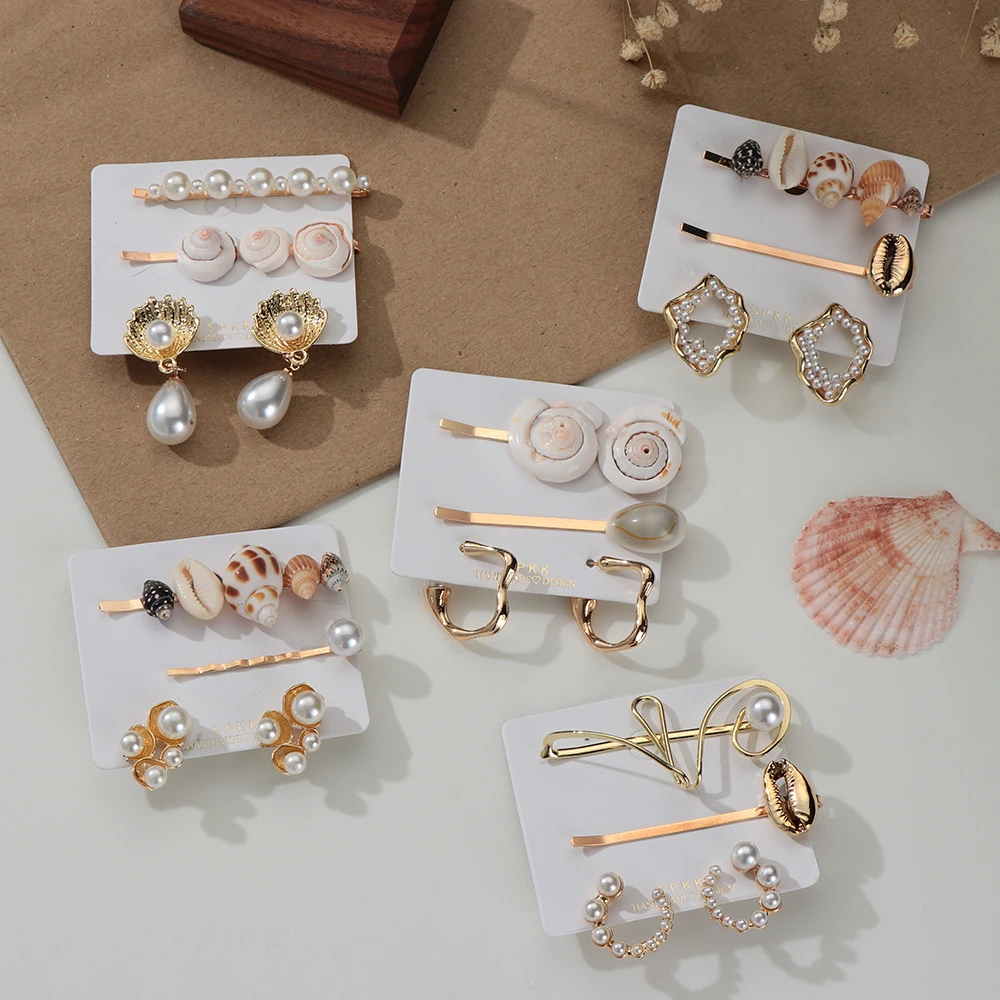 

1Set Conch Sea Shell Starfish Hair Clip&Earrings Set Sweet Geometric Pearl Hairpins&Earrings Ladies Beach Fashion Jewelry