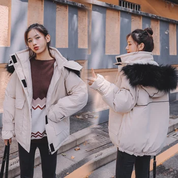 

2019 down cotton padded parka winter jacket women Big Fur Hooded loose tooling female coat outerwear abrigos mujer invierno