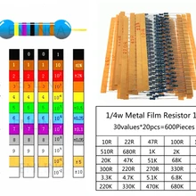 600 шт./лот 30 значений* 20 шт 1% 1/4 Вт Резистор Набор diy металлический пленочный резистор набор использовать цветное кольцо сопротивление(10 Ом~ 1 м Ом