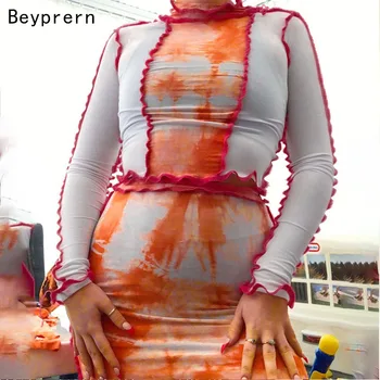 

Beyprern Fashion Patchwork Tie Dye Bodycon Co-ord Sets Two-Piece Suits Women Long Sleeve Crop Top And Skirt Set 2 Piece Outfits