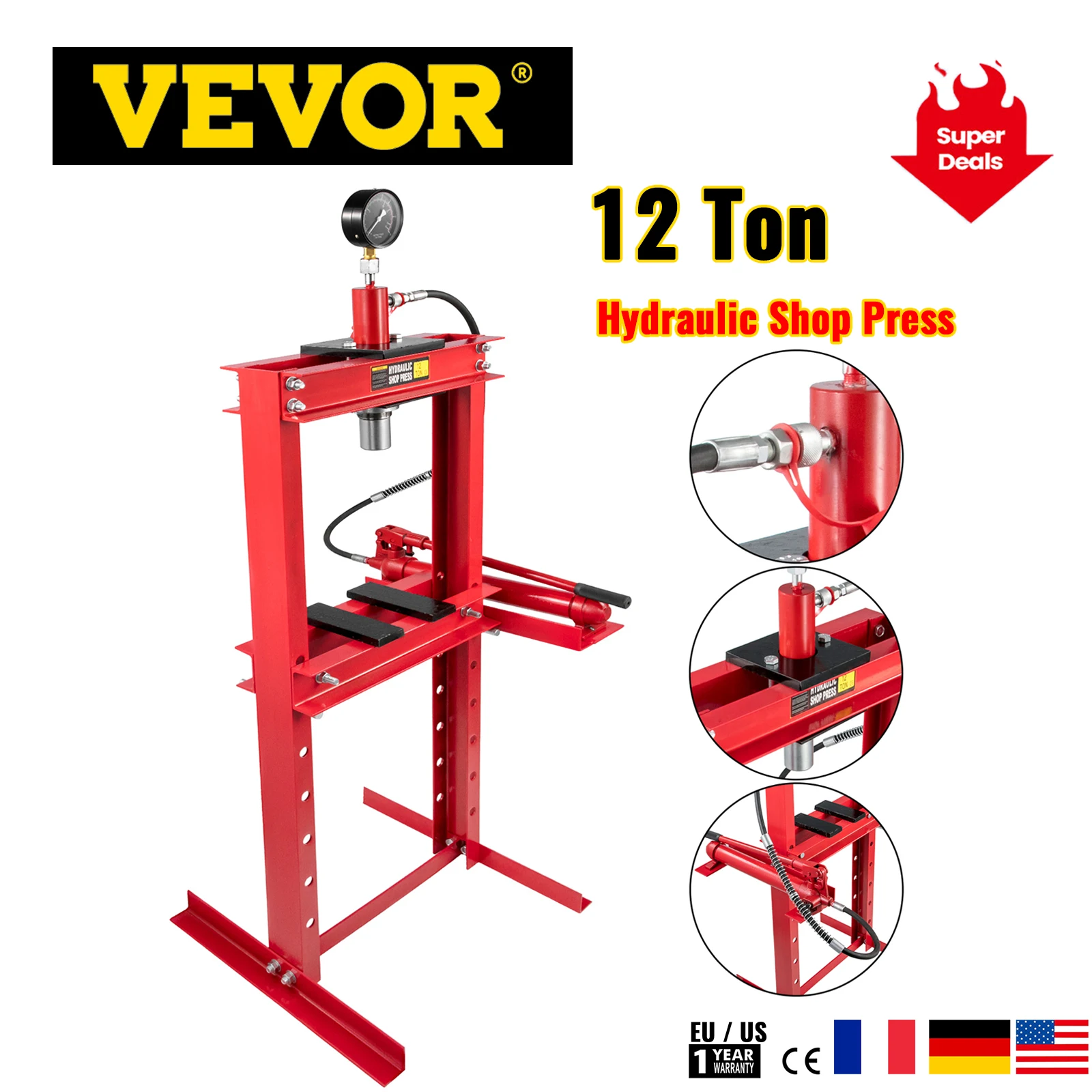 Vevor 12 Ton Hydraulic Shop Press Heavy Car Jack With Pressure Gauge T Frame Floor Standing