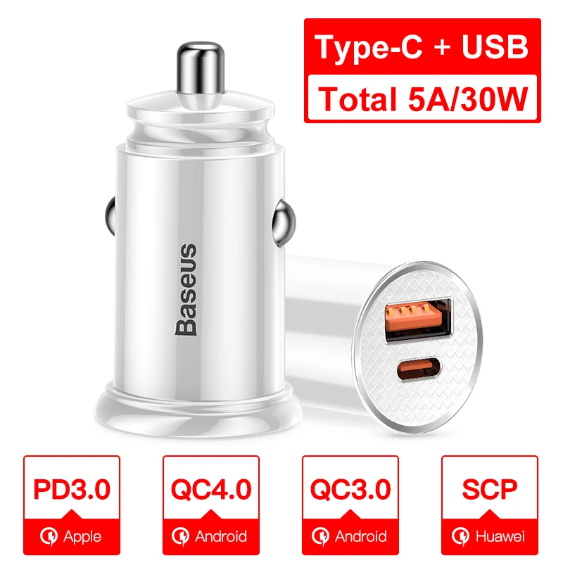 30W 1USB 1TYPE C Baseus Mini USB Автомобильное зарядное устройство для мобильного телефона планшета gps 3.1A быстрое зарядное устройство автомобильное зарядное устройство двойной USB автомобильный адаптер зарядного устройства для телефона в автомобиле - Тип штекера: 30W 1USB 1TYPE C