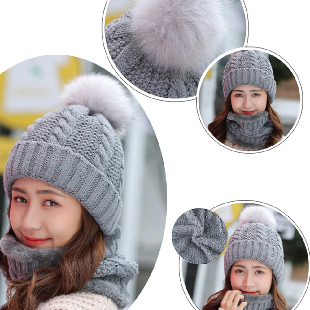 Women Fleece Baggy Faux Fur Shopping Home Beanie Soft Ski Cap Slouchy Keep Warm Hat Scarf Set Knitting Winter