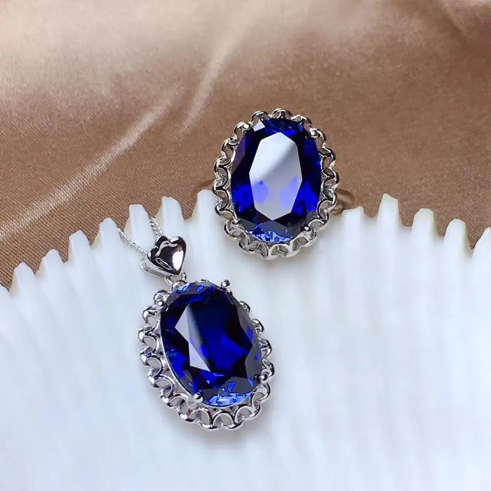 sapphire set Очаровательное красное рубиновое синее или сапфировое кольцо из драгоценных камней и ожерелье с серебряными ювелирными изделиями хорошего кроя настоящий драгоценный камень большой размер подарок - Цвет камня: sapphire set