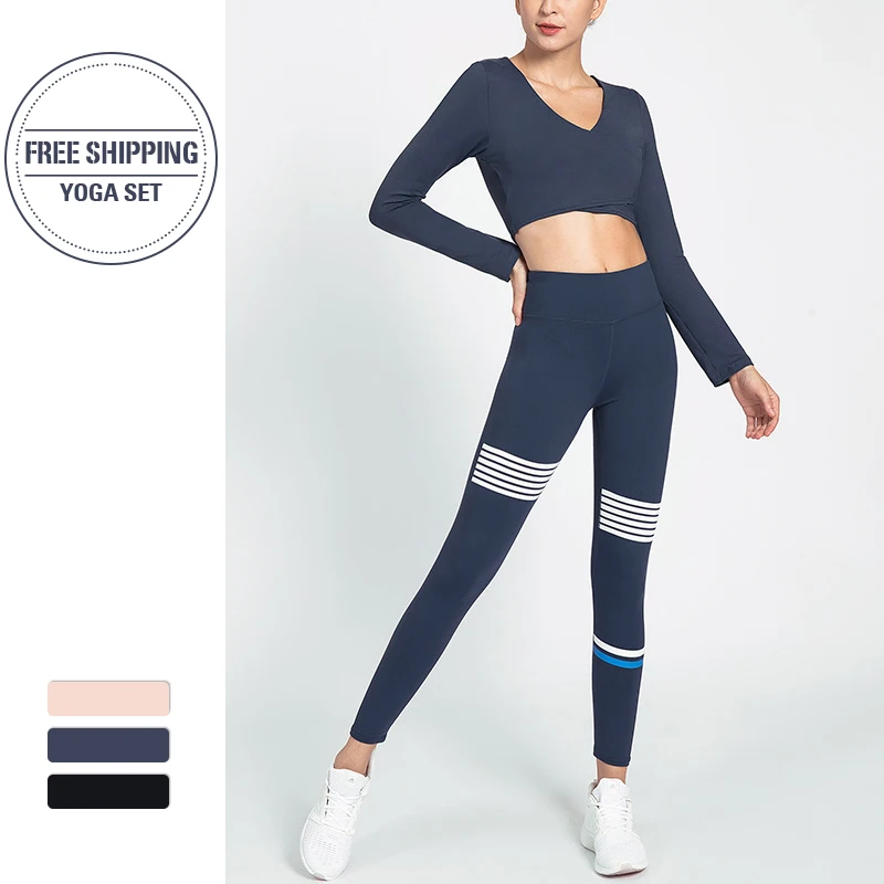 

Women Yoga Set Gym Clothing Ombre Seamless Leggings+Cropped Shirts Workout Sport Suit Women Long Sleeve Fitness Set Active Wear
