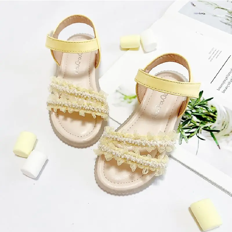 

Girls Beads Lace Kids Sandals Girls Cute Princess Shoes Casual Flats 2021 New Summer Children's Teenage Party Wedding Shoes