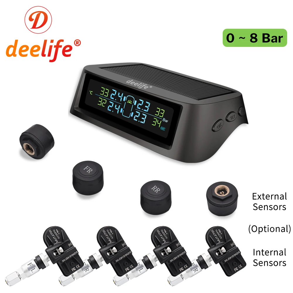 Deelife TPMS Solar Tire Pressure Monitoring System 0-116 Psi 0-8 Bar TMPS Car Tyre Pressure Monitor Internal External Sensor