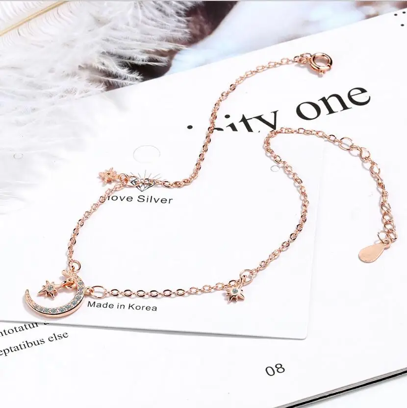 925 Sterling Silver Star&Moon Zircon Pendant Anklet Bracelet Constellation Symbol Foot Chain Women&Girl Jewelry Gift