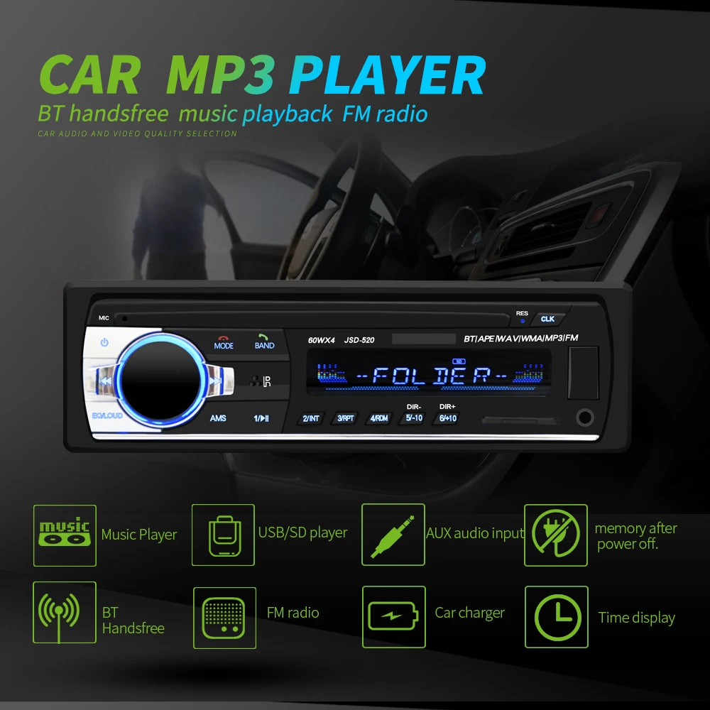 Bluetooth V2.0 JSD-520 Stereo Autoradio Car Radio 12V In-dash 1 Din FM Aux Input Receiver SD USB MP3 MMC WMA Audio Playe | Автомобили и
