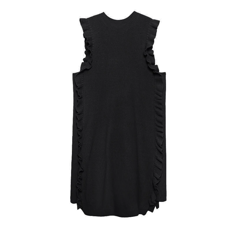 black WLD2664 XITAO Ruffles Sleeveless Casual Straight Knitted Dress Women Winter Fashion New Style Small Fresh O Neck Collar WLD2664 - Цвет: black WLD2664