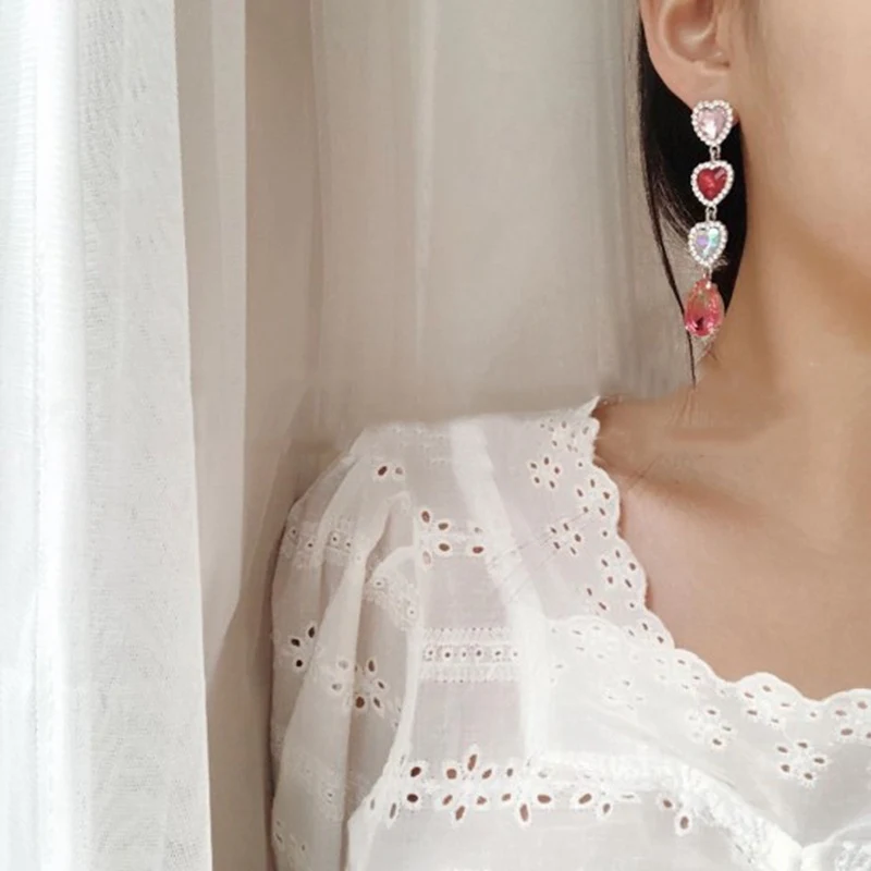 Women colorful crystal heart earrings retro elegant female earrings fashion and shiny jewelry