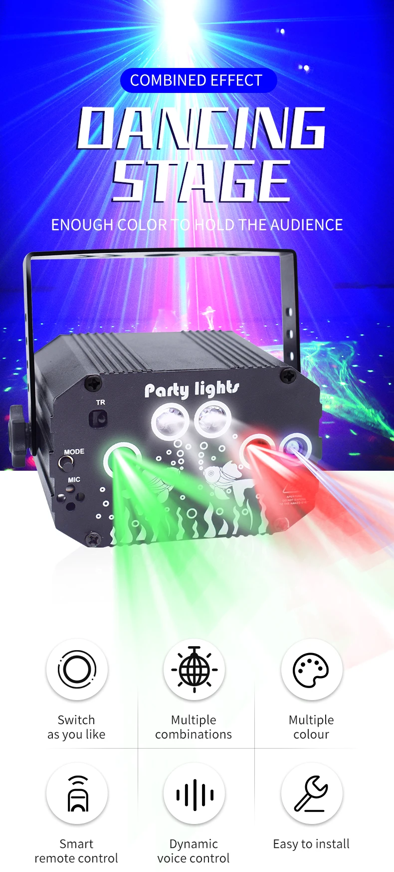 Effets de scène,projecteur Laser à commande vocale,lumière de scène à effet stroboscopique rvb