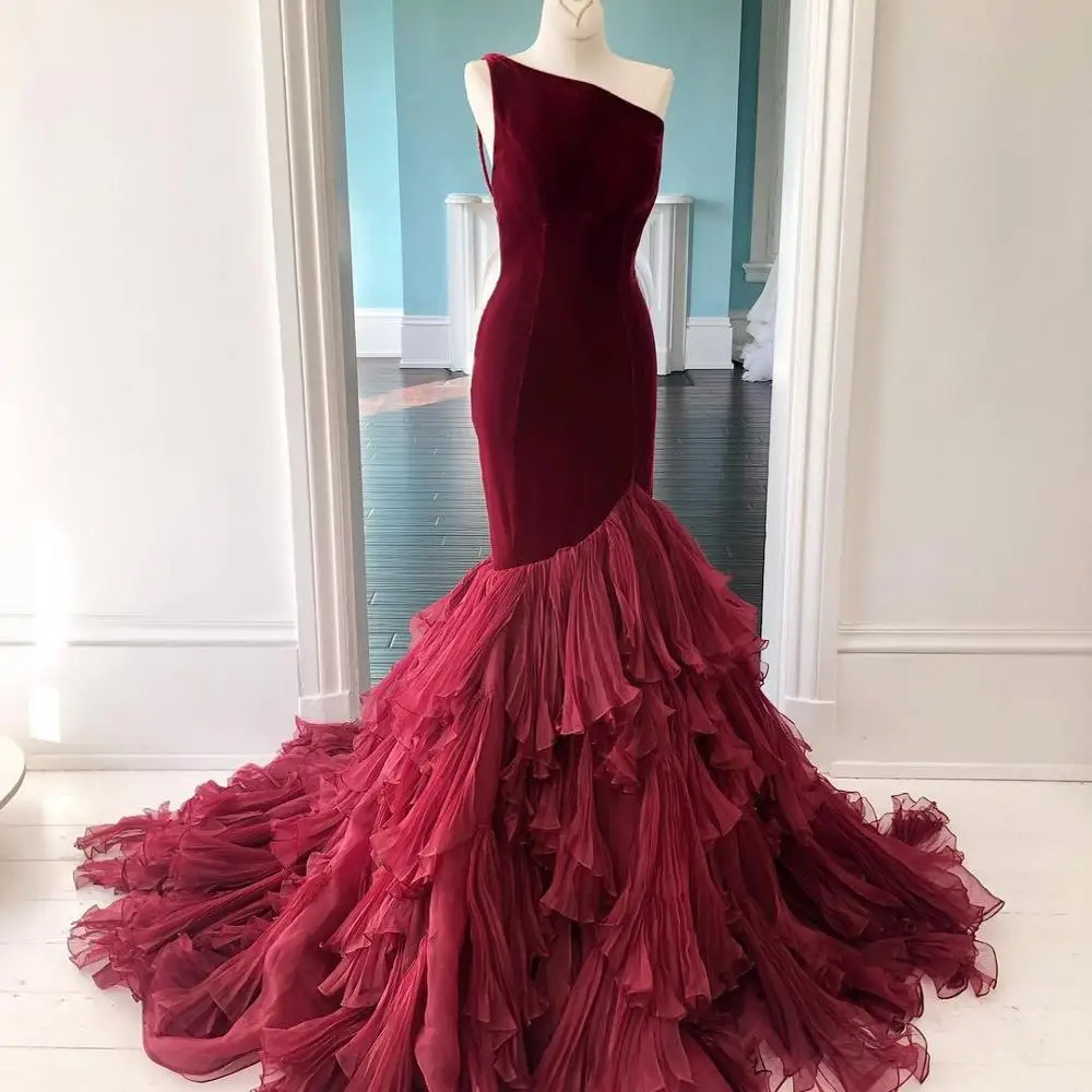 

Miss Mrs Lady Pageant Dress 2020 Navy Blue Burgundy Velvet Elegant Red Carpet Couture Gowns Mermaid One Shoulder Black White