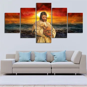 

5 Pieces Religious Jesus Poster Modern Print Paintings Building Wall Artwork Home Decor Canvas Modular Picture For Living Room
