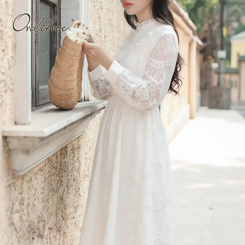 Ordifree Summer Women White Lace Party Dress Vintage Long Sleeve Tunic Beach Dress