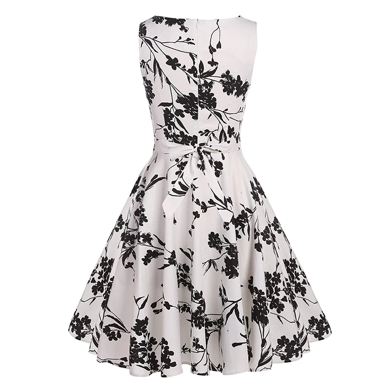 Kostlish Cotton Summer Dress Women 2017 Sleeveless Tunic 50s Vintage Dress Belt Elegant Print Rockabilly Party Dresses Sundress (77)