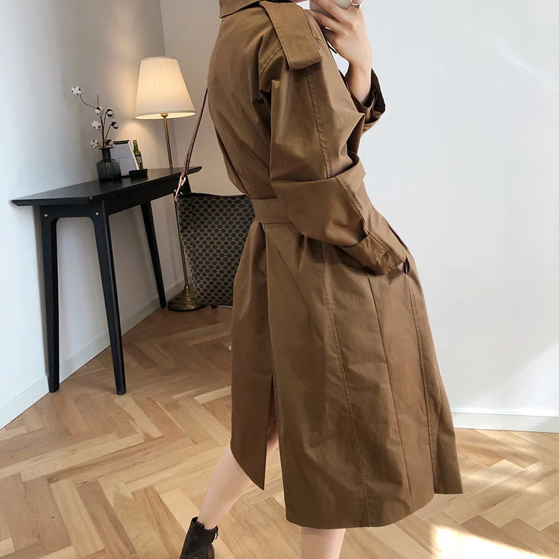 Women Casual Solid Color Trench Coat Fashion Woman Clothes Vintage Trench Femme Autumn Casual Long Coat With Belt Chic Overcoat