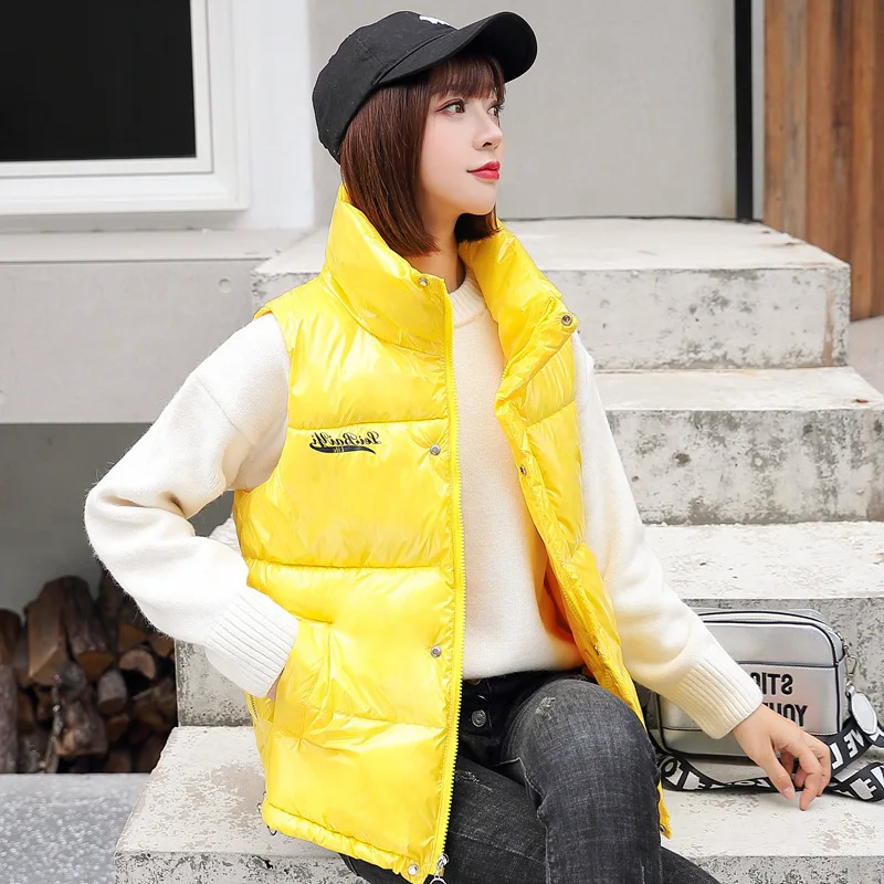 

Bright Skin Waistcoat Women's 2019 Autumn & Winter New Style Korean-style Bright Surface Stand Collar Cotton Vest Loose-Fit Slim