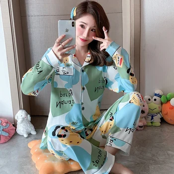 

XIZOU Women Autumn Cotton Pajamas Set For Women Long Sleeves Lovely Print pyjamas Sleepwear Nightwear Loungewear Pijama Mujer