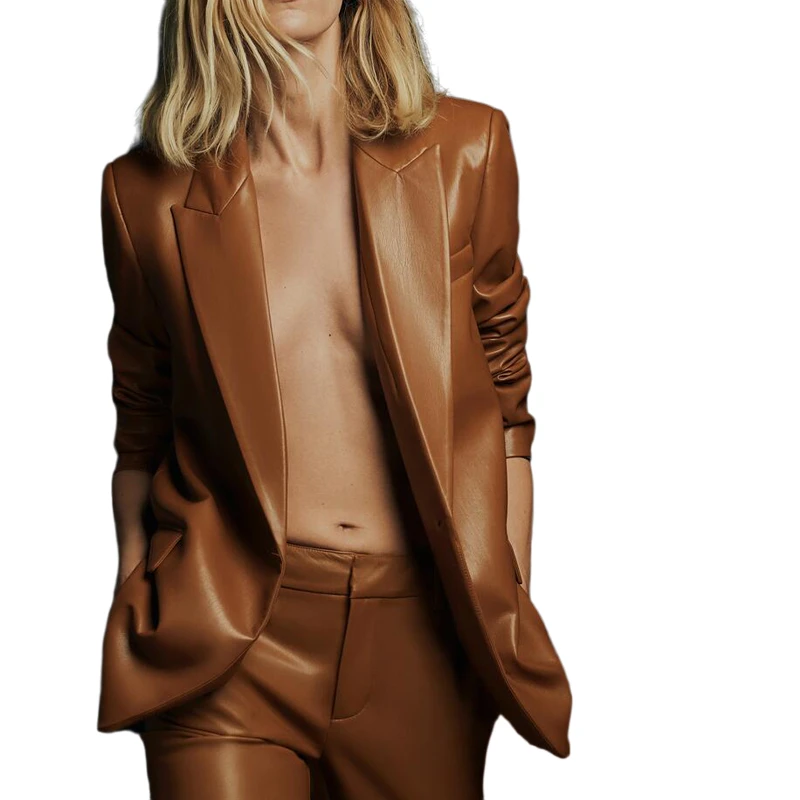 

Women Fashion Brown PU Leather Loose Jackets Elegant Casual Single Button Suits Female Ladies Blazer Feminino Yalabovso