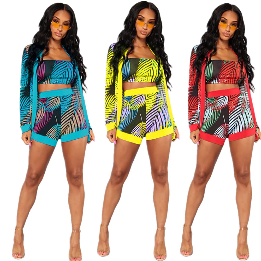 

Женский комплект из трех предметов, короткий топ + шорты + пальто, модный сексуальный пляжный костюм без бретелек с длинным рукавом и принтом