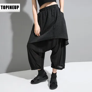 

New Large Size Faux Two Pieces Mid Waist Harem Pants plus size stripe print Leisure Women's Trousers
