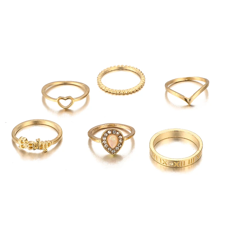Tocona 6 шт./компл. в богемном стиле полые сердца кольца для Для женщин капли воды с кристальным камнем, с буквенным принтом, свадебное кольцо, ювелирное изделие, 8806 - Цвет основного камня: 8806