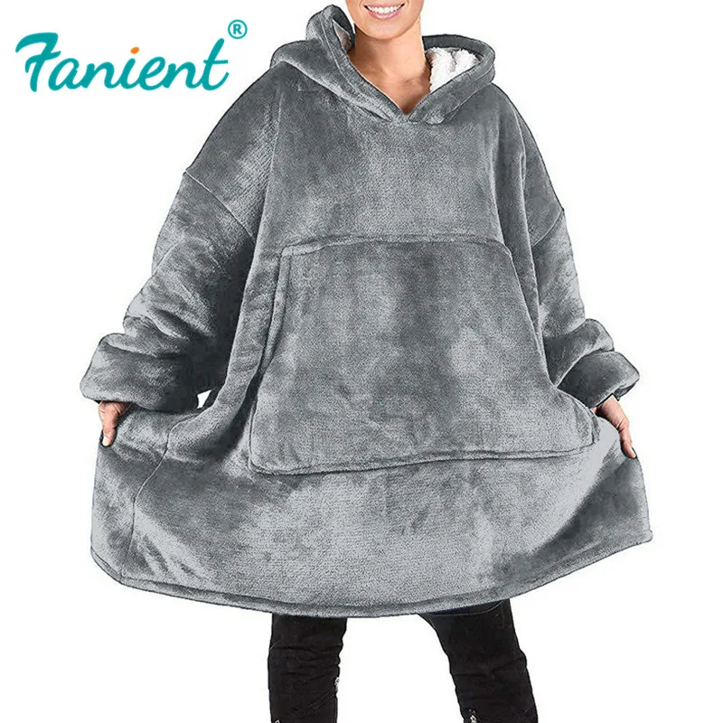 Winter Women Warm Oversized Fleece Blanket Hoodies Sweatshirt Hooded Pocket Blanket With Sleeves Sherpa Pullovers Sudadera Mujer