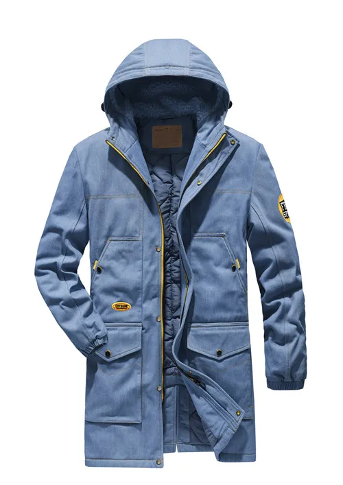 LIGHT BLUE Модная мужская джинсовая куртка зимний, мужской, плотный длинное пальто-парка в английском стиле высокого качества, непродуваемый зимние мужские куртки 4XL - Цвет: LIGHT BLUE