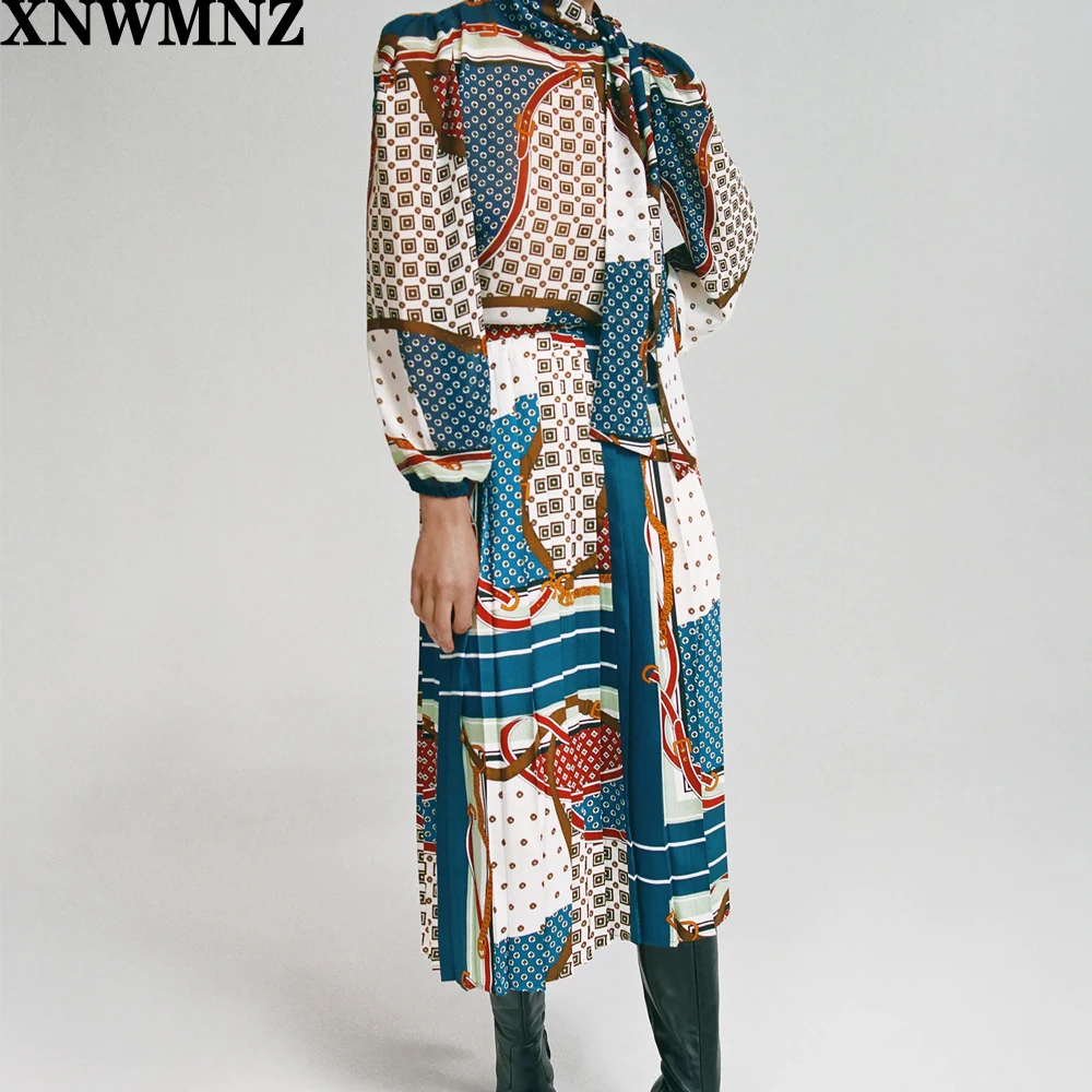 

XNWMNZ Za women Vintage printed blouse with bow female casual Flowing high neck blouse with bow long sleeves with elastic cuffs