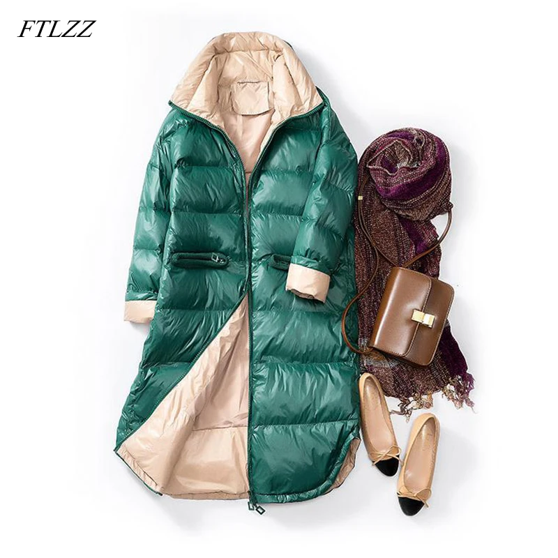 FTLZZ новая зимняя куртка женская ультра легкая парка на утином пуху изящное длинное пальто женская теплая ветрозащитная зимняя верхняя одежда