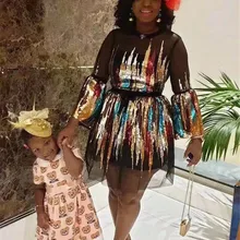 Большие размеры, Африканское сексуальное роскошное блестящее мини-платье трапециевидной формы с рукавами-колокольчиками, элегантное шикарное Сетчатое платье Vestido Sukienka