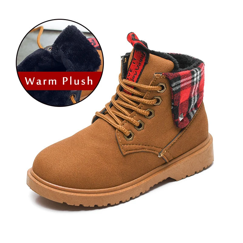 Brown Новые зимние детские ботильоны; Модные Винтажные ботинки martin для мальчиков; Детские Водонепроницаемые ботинки; зимние кроссовки для девочек; уличные Нескользящие ботинки - Цвет: Brown