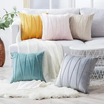 

Solid Soft Velvet Decorative Pillows Case with Stripe Embroidery Black Beige Yellow Cushion Cover Sofa Car Pillow Cover 45x45cm