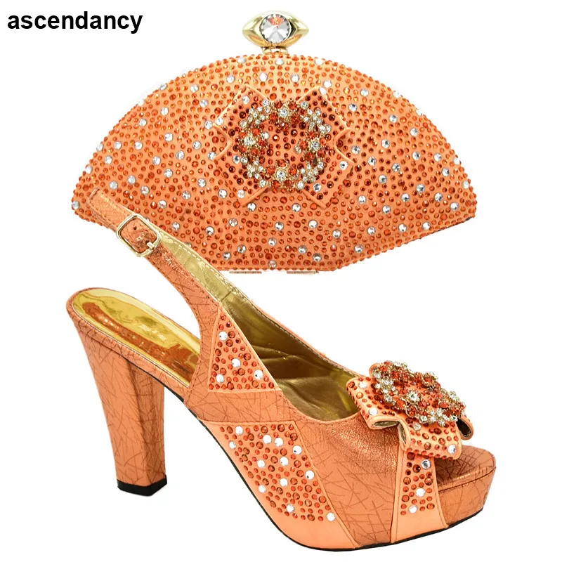 

New Arrival Italian Shoes with Matching Bags High Quality Orange Color Woman Italian Shoes and Bags Set Bag and Shoes Set Italy