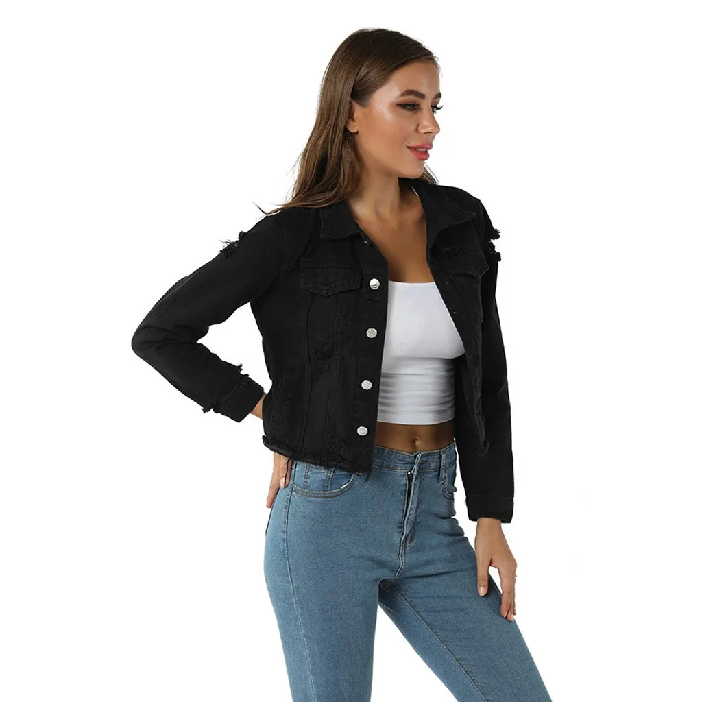 Женская джинсовая куртка с дырками винтажная Свободная бойфренда длинным