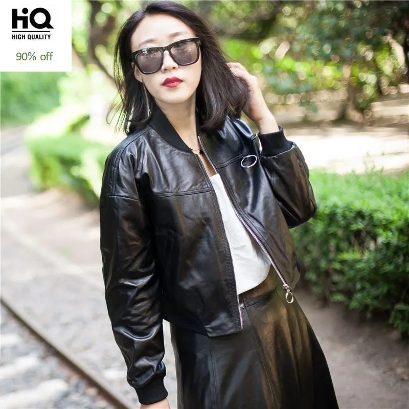 

2020 New Winter Women SheepSkin Coat Bomber Jacket Leather Jackets Zip Female Stand Collar Black Jacket Short Windproof Outwear