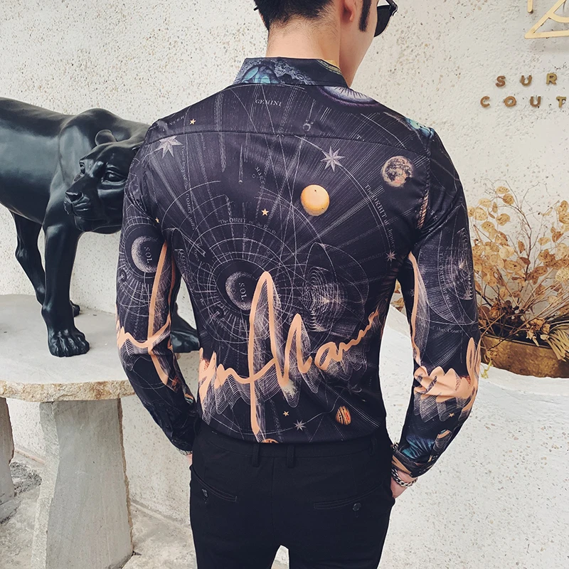Повседневная приталенная мужская одежда Camisa Masculina, уличная сорочка Homme Manche Longue с принтом, мужская рубашка с длинными рукавами