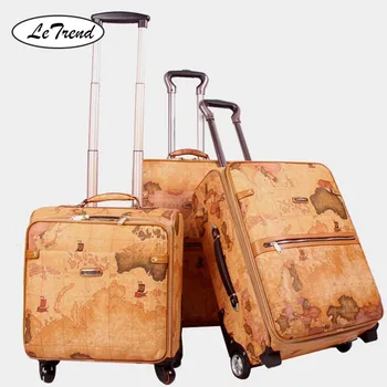 

LeTrend Retro map PU Leather Spinner Rolling Luggage Women Password Trolley Men Suitcase Wheels 20 inch Cabin Travel Bag Trunk