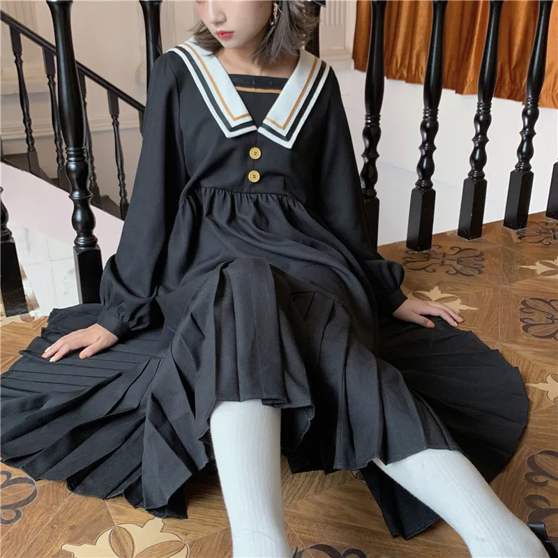 Японское осеннее женское платье-миди в стиле Харадзюку С матросским воротником, готическое свободное женское платье с длинными рукавами, винтажное Плиссированное студенческое платье