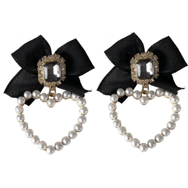 Korean Temperament Retro Rhinestone Bow Clip Earrings Black BowKnot Heart Shaped Pearls Clip on Earrings No Hole for Women Party ear clip earrings clip earrings ear clip