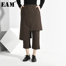[EAM] коричневые Асимметричные Брюки с завышенной резинкой на талии, имитация двух брюк, новинка, свободные брюки, женская мода, весна-осень, 1K88916